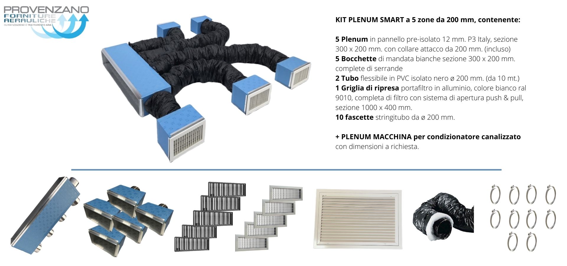 Kit PLENUM SMART a 5 zone da 200 mm + Plenum macchina con attacco per distribuzione aria condizionata